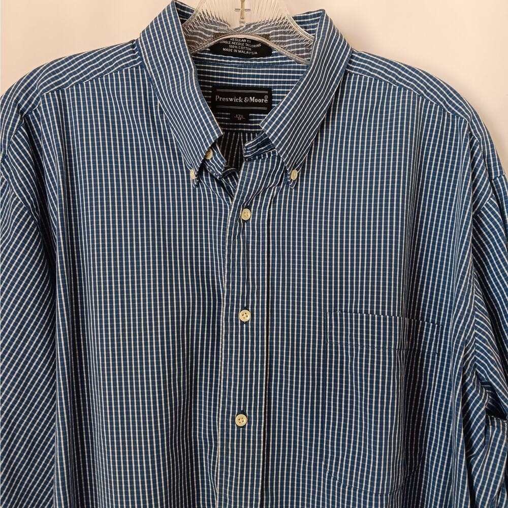 Preswick & Moore Shirt Men's 17 1/2 Neck 36 Arm Length Cotton Blue Plaid Dress